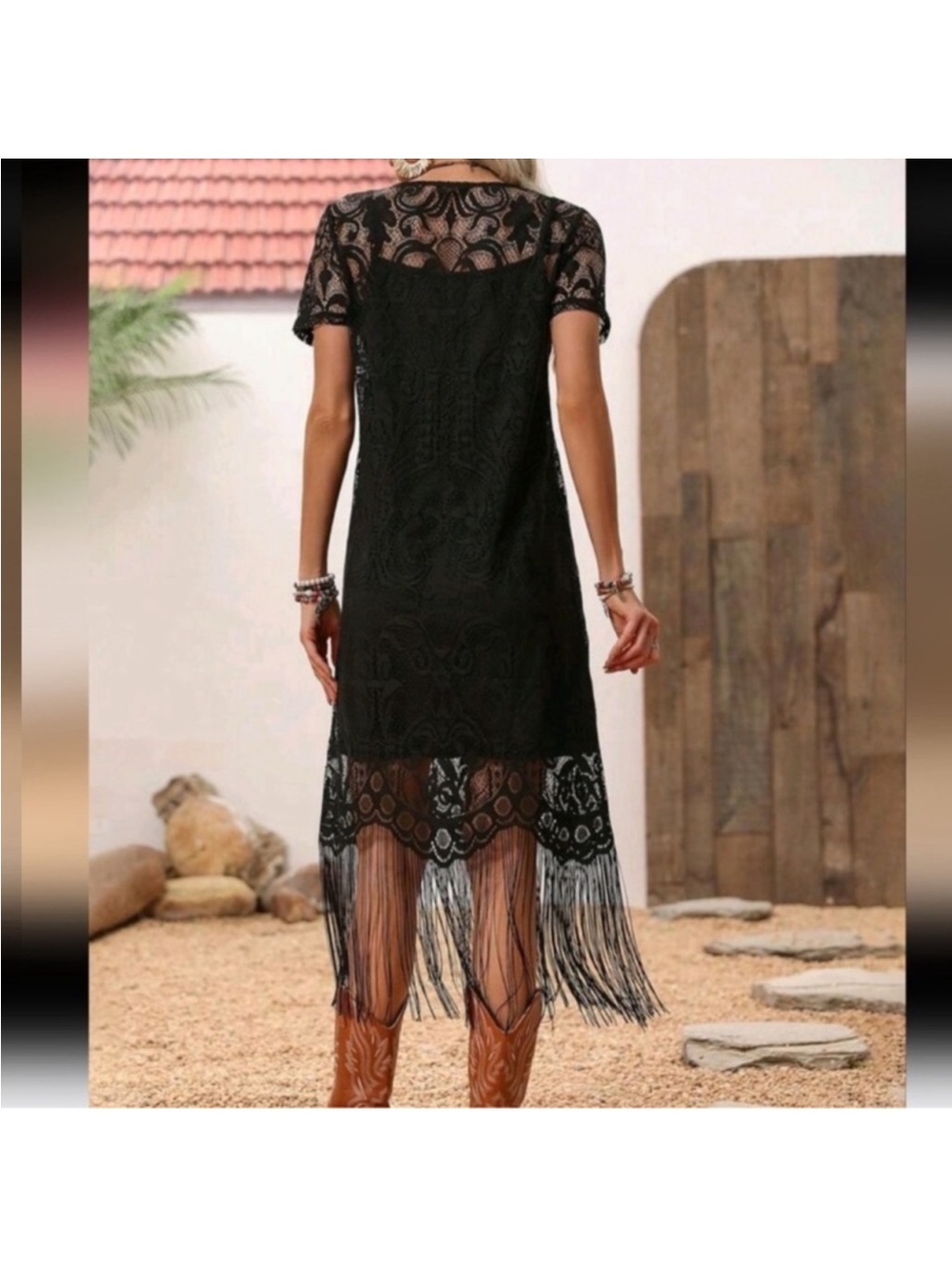 Lace Long Fringe Black Dress Western Women Attire/Country Dress,Summer - Picture 2 of 4